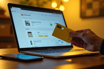 Pessoa fazendo compras online usando cartão de crédito Mercado Livre no notebook