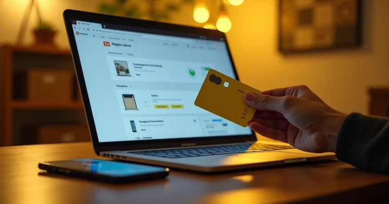 Pessoa fazendo compras online usando cartão de crédito Mercado Livre no notebook