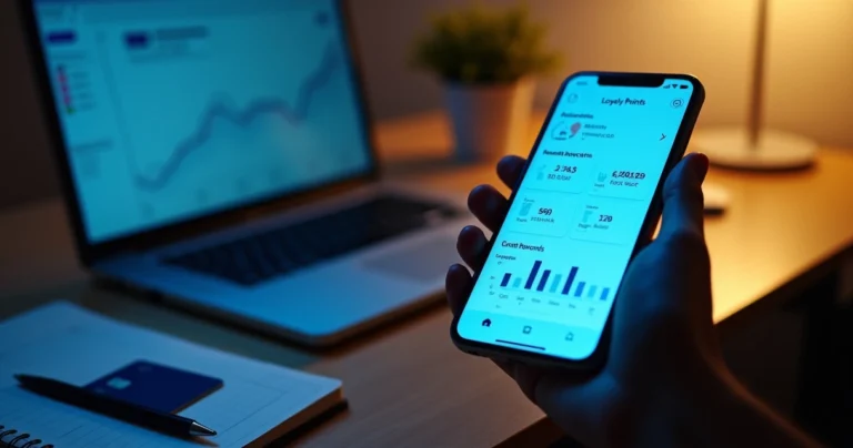 Pessoa usando aplicativo de banco digital com foco em pontos e recompensas