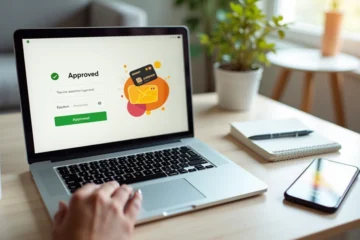 Pessoa usando aplicativo de cartão de crédito com aprovação rápida no notebook