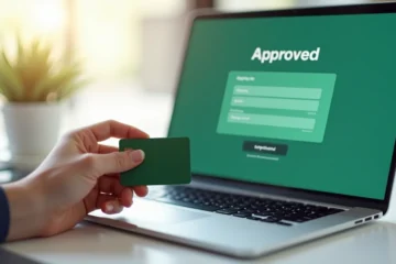Mão segurando cartão de crédito aprovado acima de notebook com tela de cadastro online