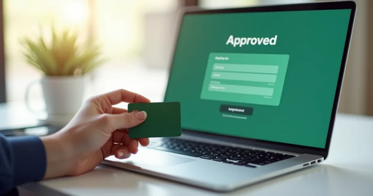 Mão segurando cartão de crédito aprovado acima de notebook com tela de cadastro online