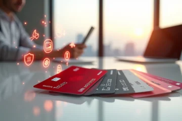 Cartões de crédito Bradesco em destaque com ícones de viagens, cashback e pontos ao redor