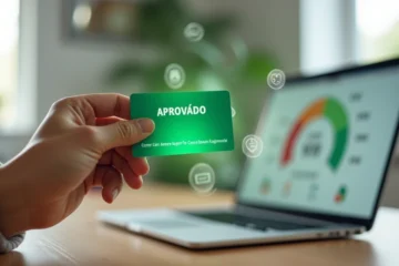 Pessoa segurando cartão aprovado em frente a painel com score de crédito subindo