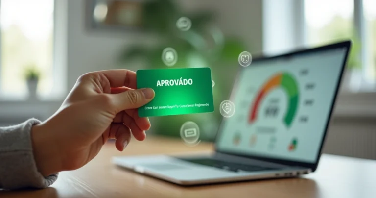 Pessoa segurando cartão aprovado em frente a painel com score de crédito subindo