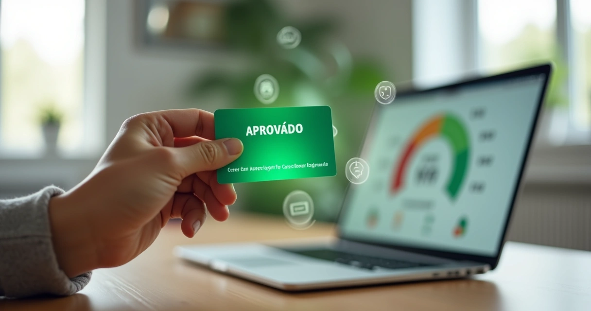 Pessoa segurando cartão aprovado em frente a painel com score de crédito subindo