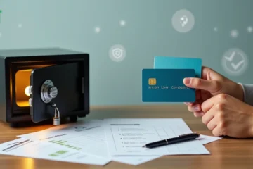 Pessoa escolhe cartão de crédito apoiado em cofre com cadeado simbolizando segurança financeira