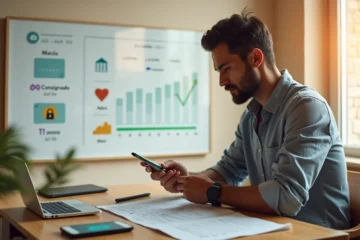 Homem analisando painel de reconstrução financeira com cartão de crédito na mão