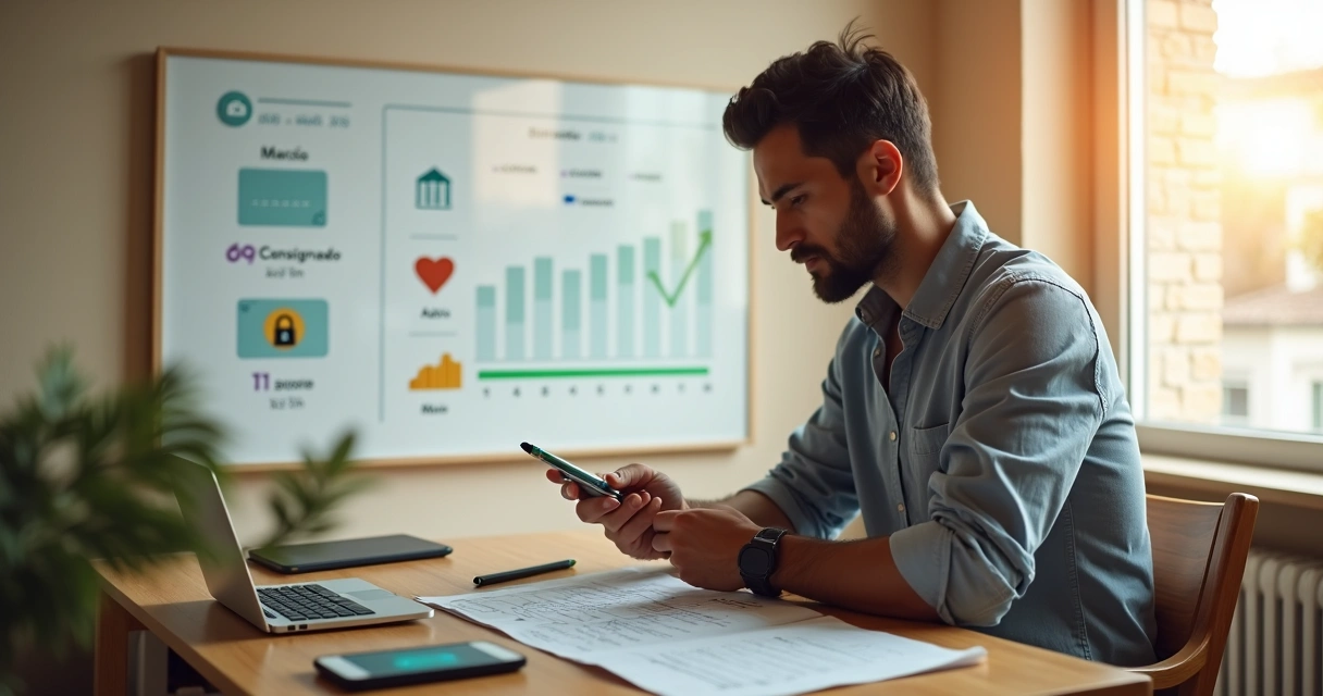 Homem analisando painel de reconstrução financeira com cartão de crédito na mão