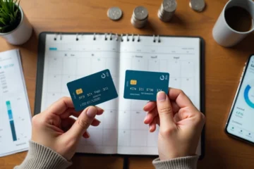 Pessoa avaliando cartões sobre calendário com enfoque em reconstrução financeira