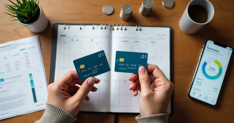 Pessoa avaliando cartões sobre calendário com enfoque em reconstrução financeira