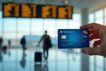 Pessoa segurando cartão internacional em aeroporto com painel de voos ao fundo