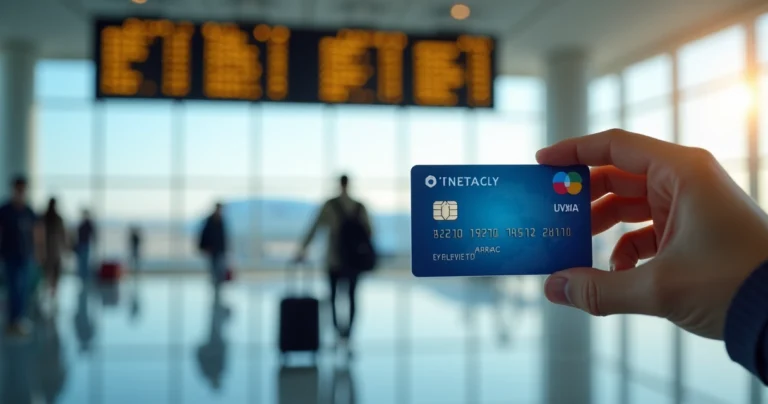 Pessoa segurando cartão internacional em aeroporto com painel de voos ao fundo