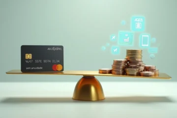 Cartão sem anuidade em balança dourada simbolizando economia em taxas