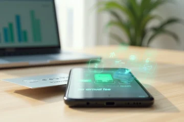 Cartão de crédito sobre tela de smartphone com ícones de benefícios e custo zero