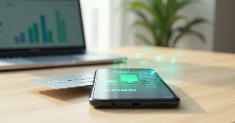 Cartão de crédito sobre tela de smartphone com ícones de benefícios e custo zero