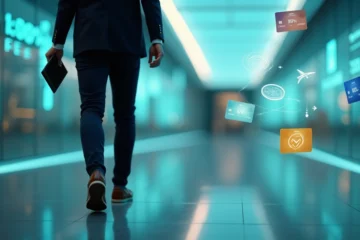 Pessoa caminhando por corredor de números luminosos segurando cartão de crédito