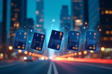 Cartões Itaú iluminando skyline noturno com ícones de benefícios