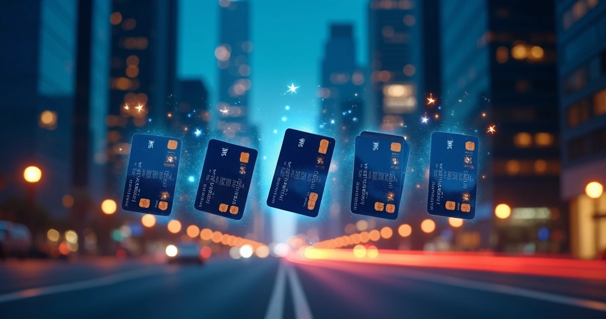 Cartões Itaú iluminando skyline noturno com ícones de benefícios