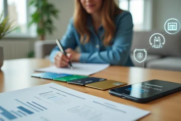 Jovem organizando opções de cartão de crédito sobre mesa com ícones de benefícios