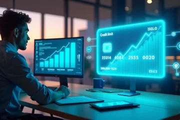 Pessoa analisando gráfico de limite ao lado de cartão de crédito gigante