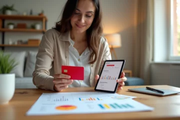 Mulher analisa cartão Santander com tablet mostrando gastos mensais