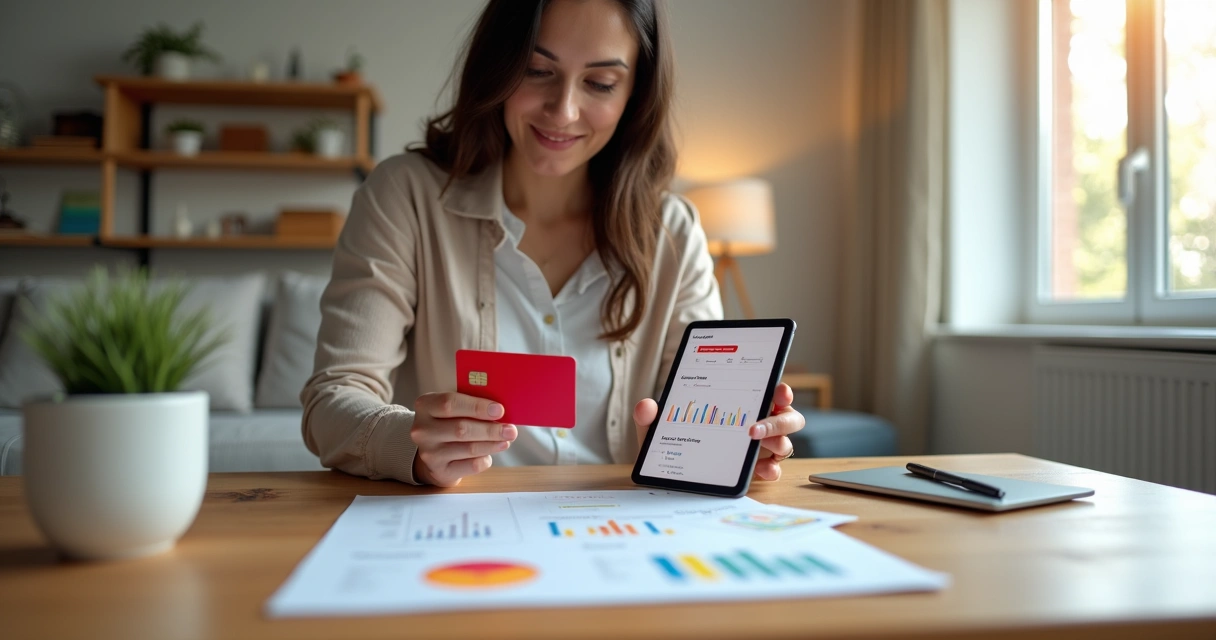 Mulher analisa cartão Santander com tablet mostrando gastos mensais