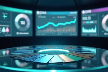 Painel digital exibindo diferentes cartões de crédito com ícones de viagens, cashback e pontos